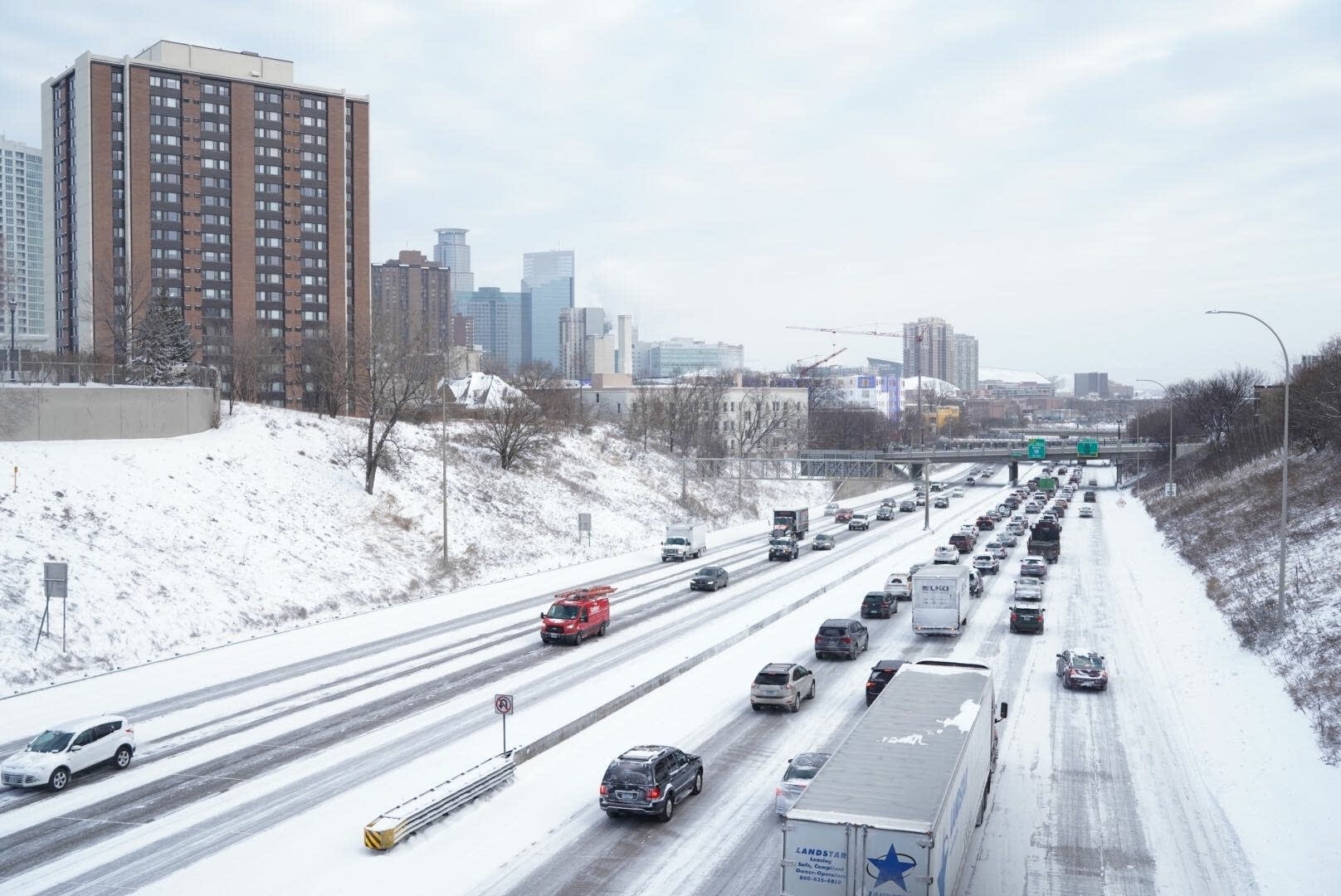 Traffic creeps down eastbound Interstate 94.