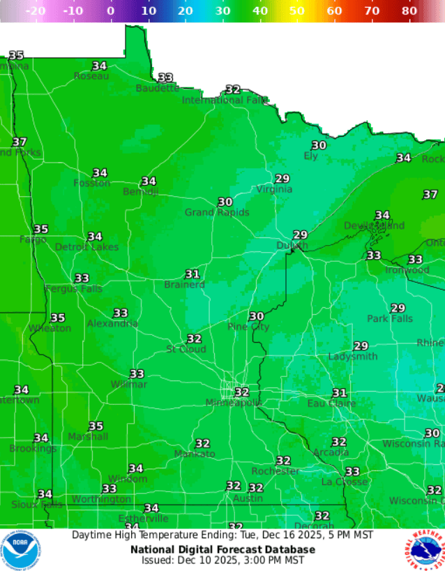 Forecast high temperatures Tuesday