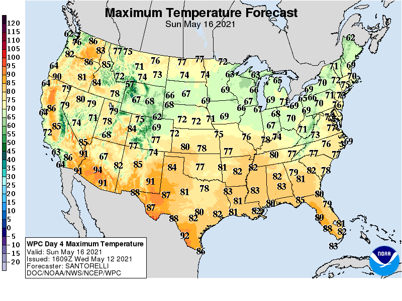 Forecast high temperatures Sunday