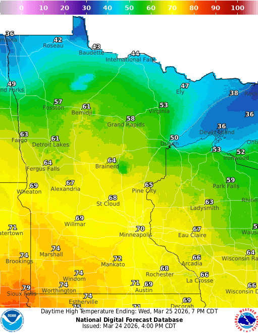 Forecast high temperatures Wednesday
