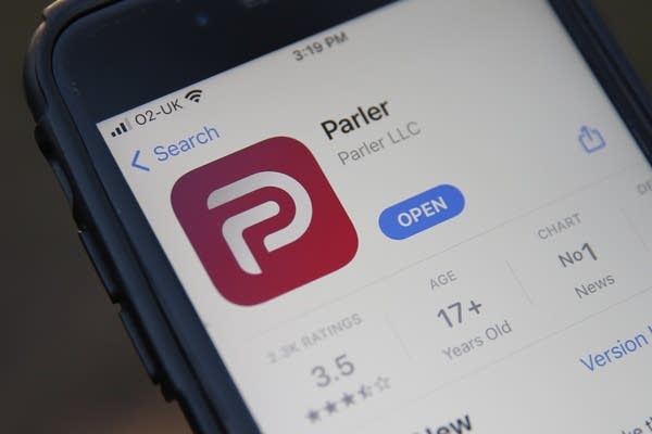 A general view of the the Parler app icon displayed on an iPhone on January 9, 2021.