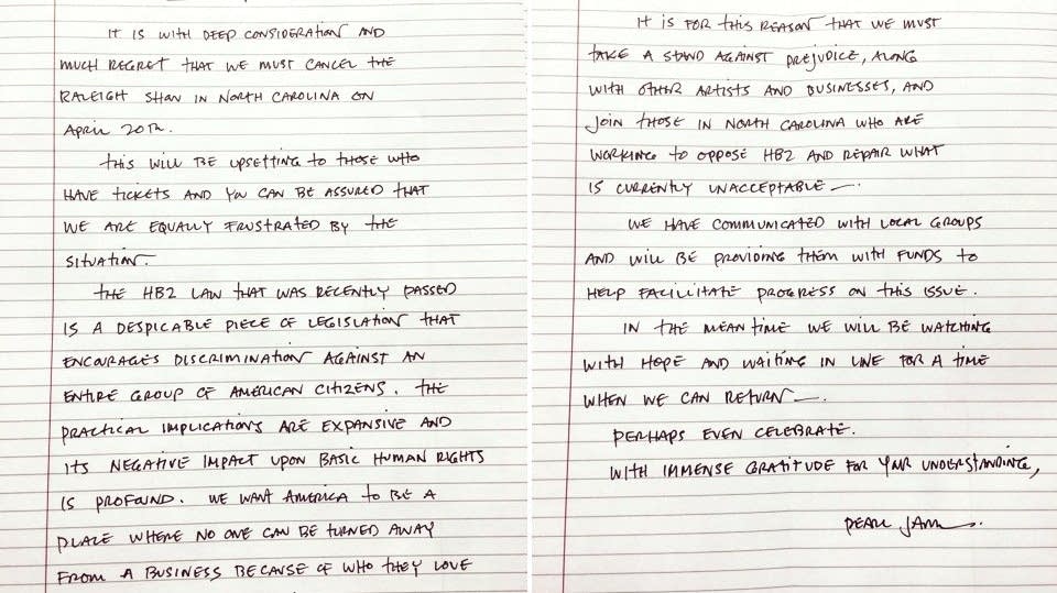 Pearl Jam joins growing list of musical acts canceling N.C. concerts