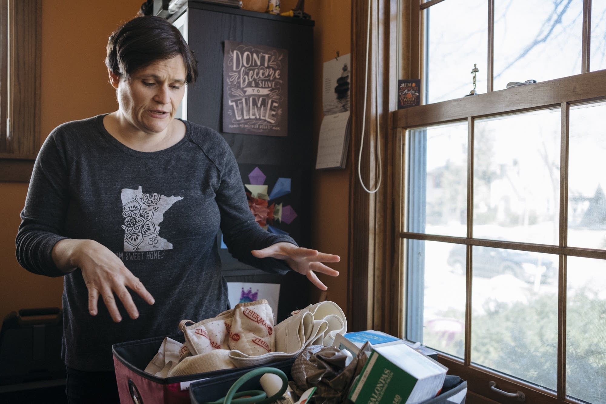 Jennifer Kane shows some of her pain management tools