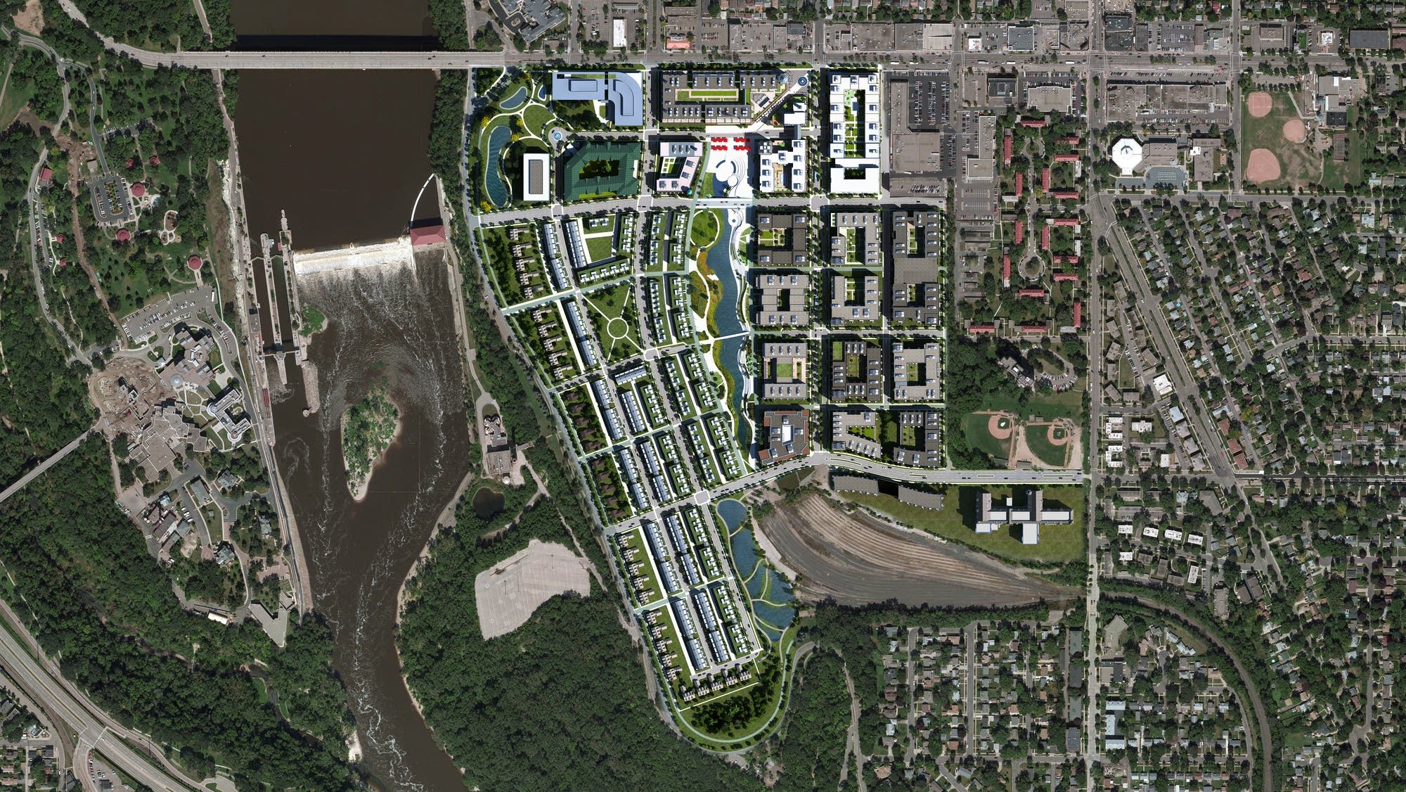 A rendering of an aerial view of Ryan Cos.' concept.