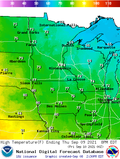 Forecast high temperatures Thursday