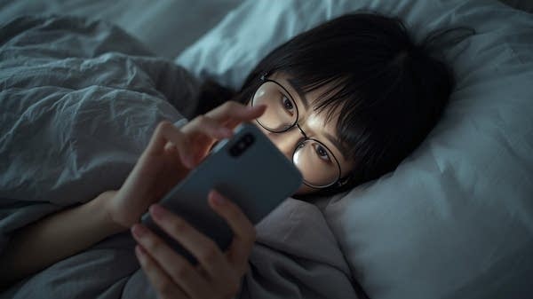 Young woman in bed absorbed with her phone