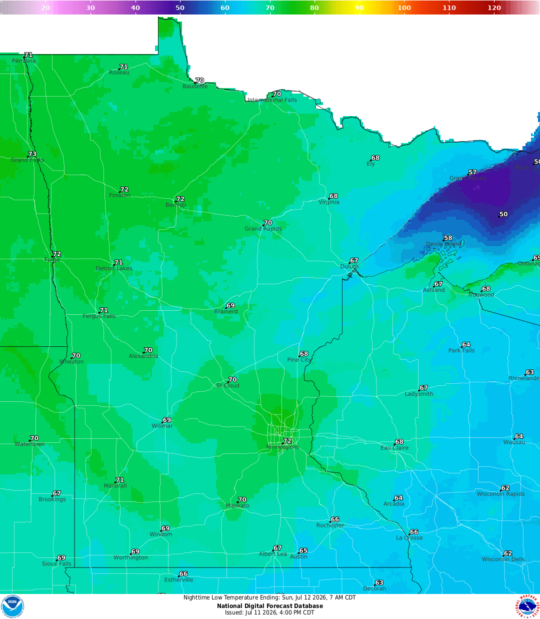 Lows for Saturday night