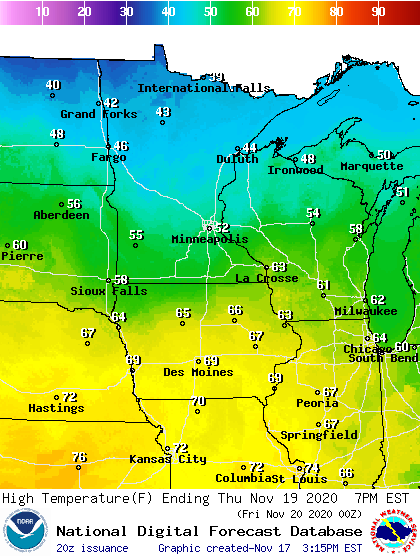 Forecast high temperatures Thursday