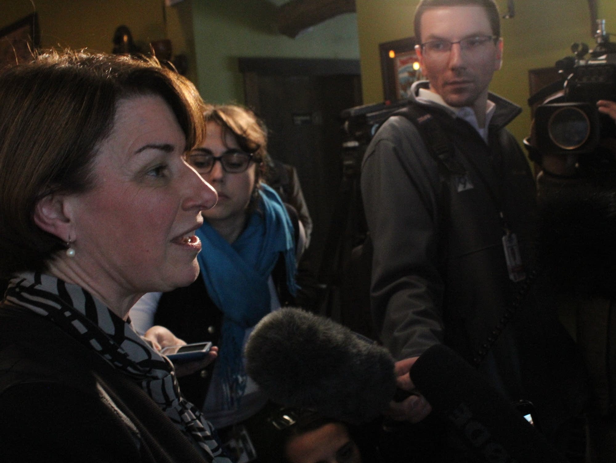 Amy Klobuchar speaks with journalists