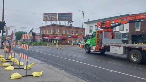 Barricades block a street construction project