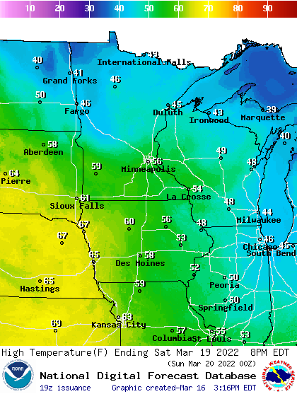 Forecast high temperatures Saturday