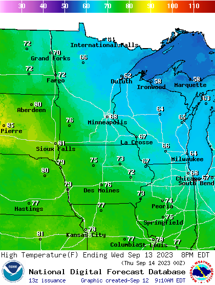 Forecast high temperatures Wednesday