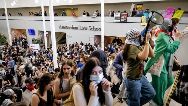 Pro-Palestine demonstrators at the University of Amsterdam on Monday.