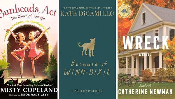 A triptych of three book covers: One featuring two ballerinas, one with a gold drawing of a dog and one with a house.