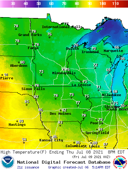 Forecast high temperatures Thursday