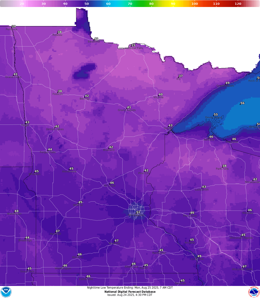 Lows for Sunday night