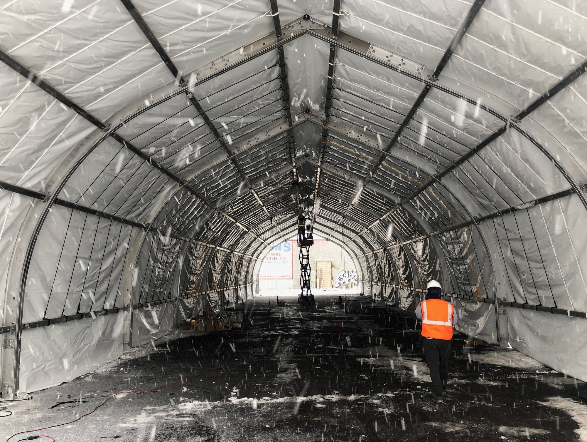 One of three temporary structures, each can shelter up to 40 adults.