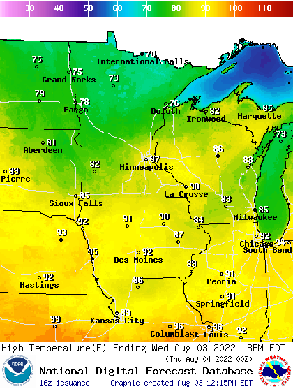 Forecast high temperatures Wednesday