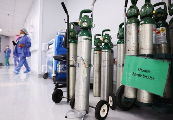 Oxygen tanks are ready for use on a floor dedicated to COVID-19 patients at Lake Charles Memorial Hospital on Aug. 10, 2021 in Lake Charles, Louisiana. 