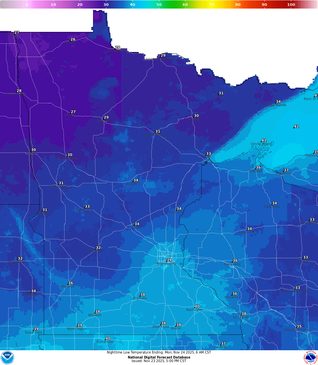 Lows for Sunday night