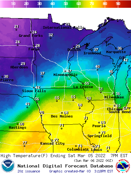 Forecast high temperatures Saturday
