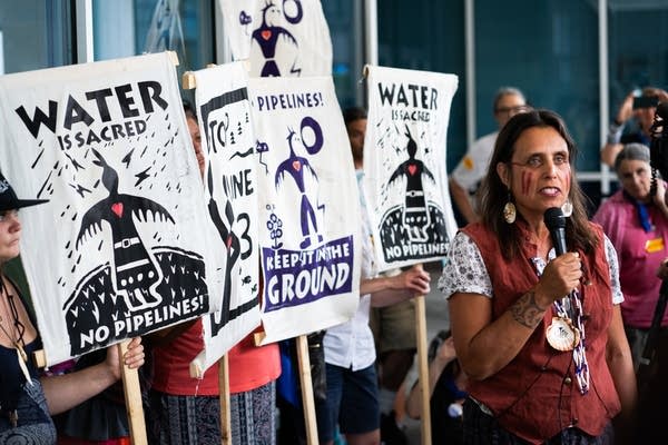 Activist Winona LaDuke speaks at a press conference.