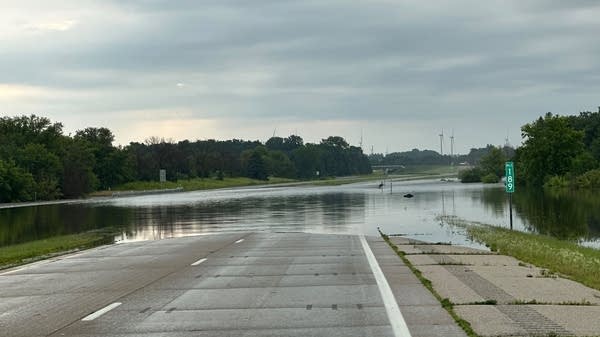 A stretch of Interstate 90 is inundated by floodwaters