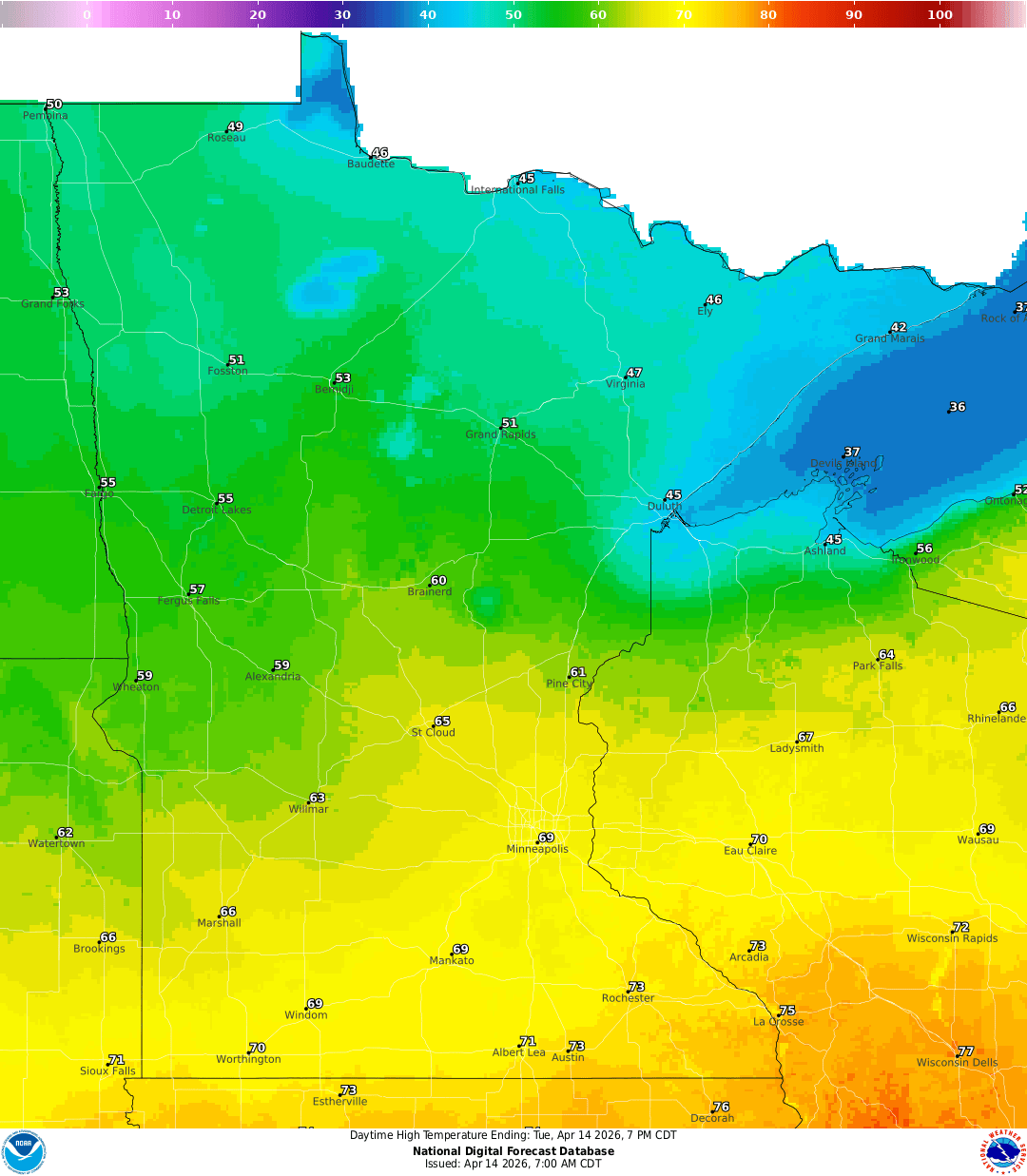 Highs for Tuesday