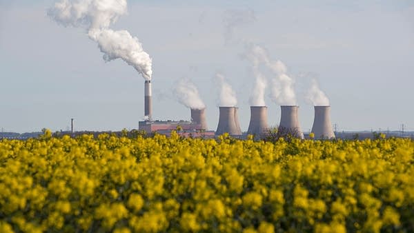 Smoke rises from the cooling towers of Cottam coal-fired power station, owned by EDF beyond a field of rapeseed near Darlton, east England on April 17, 2015.