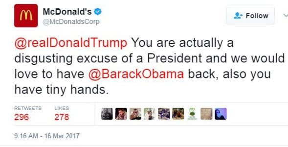 Whoops! McDonald’s issues anti-Trump tweet