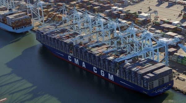 The CMA CGM Benjamin Franklin, the largest container ship to ever call at a North America port, is docked at the Port of Los Angeles in San Pedro, California.