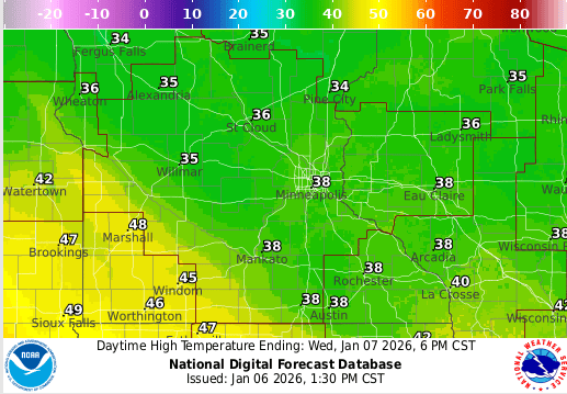 Forecast high temperatures Wednesday around southern Minnesota