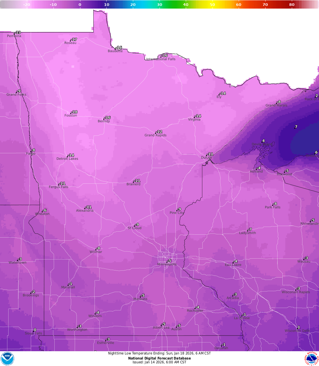 Lows for Saturday night