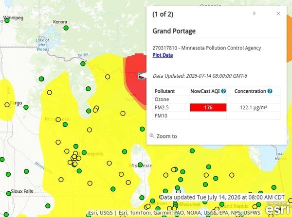 an air quality map shows red near grand portage minnesota
