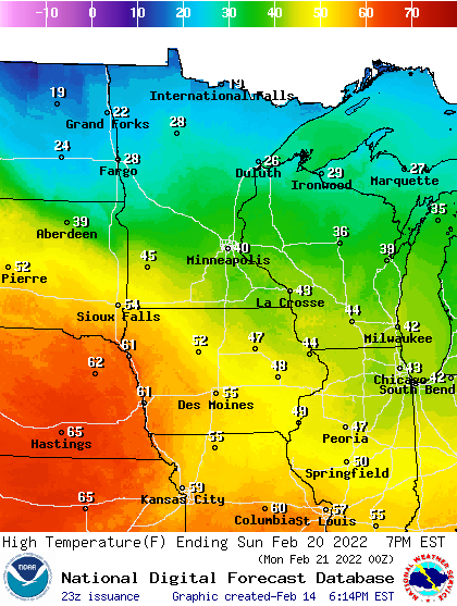 Forecast high temperatures Sunday