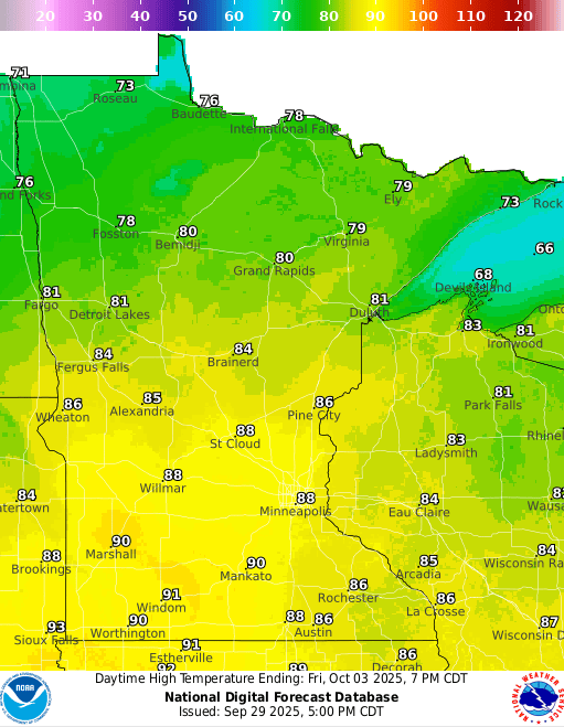 Forecast high temperatures Friday
