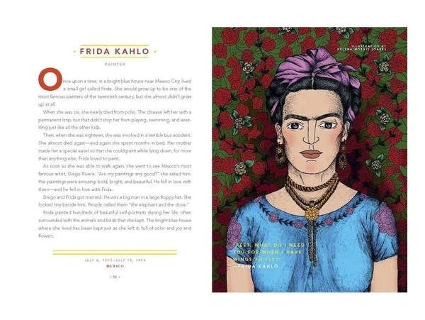 An illustration of Kahlo in a blue dress before a rose pattern background