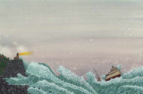Painting of a ship being tossed on waves near a lighthouse on a shore.