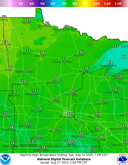 Forecast high temperatures Sunday