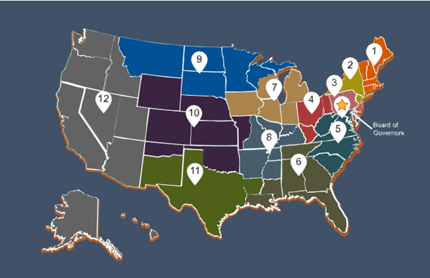 A map of the 12 Federal Reserve Districts of the United States published on the Federal Reserve’s website