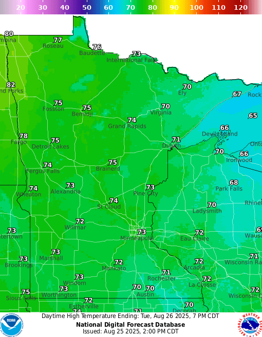 Forecast high temperatures Tuesday