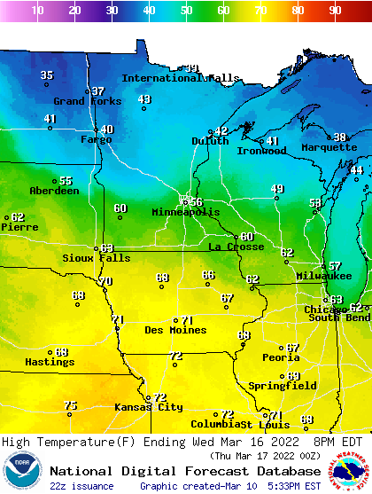 Forecast high temperatures Wednesday