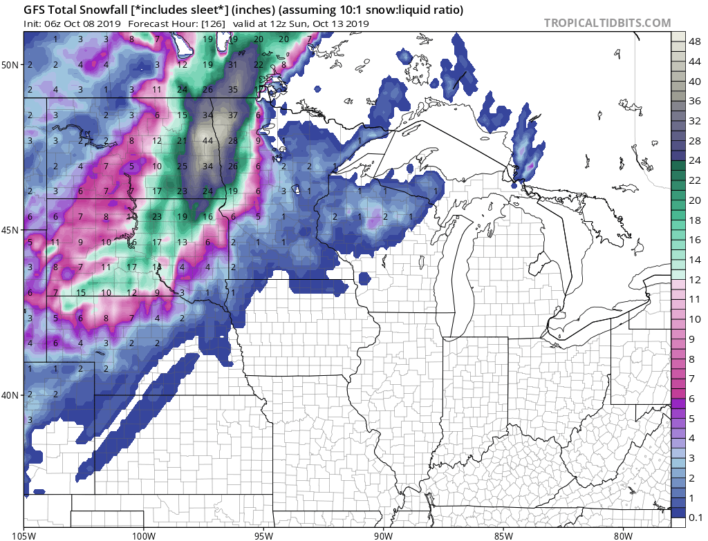 NOAA GFS snowfall output by Sunday morning