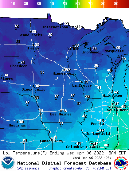 Forecast low temperatures Wednesday