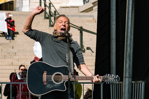 Bruce Springsteen performs during a "No Kings" protest at the Minnesota State Capitol in St. Paul on Saturday March 28, 2026.