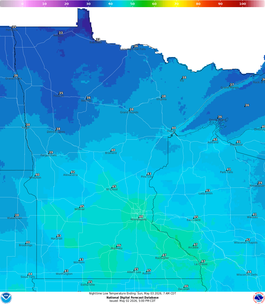 Lows for Saturday night