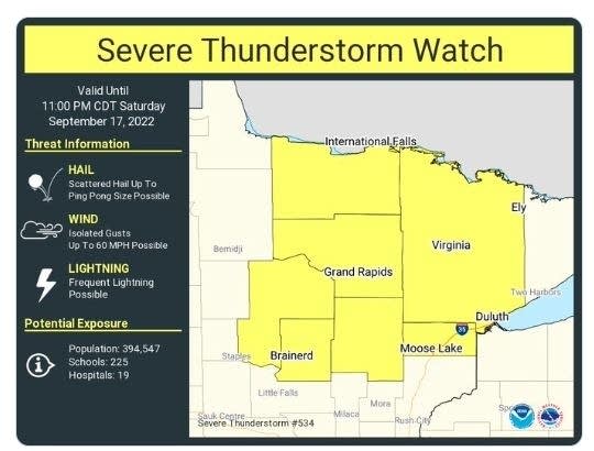 Severe thunderstorm watch in northern Minnesota Saturday evening