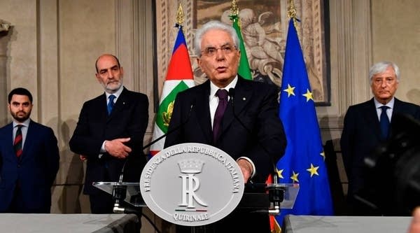 Italian President Sergio Mattarella addresses journalists after a meeting with Italy's prime ministerial candidate Giuseppe Conte on Sunday at the Quirinale presidential palace in Rome. Italy's prime ministerial candidate Giuseppe Conte gave up his mandate to form a government after talks with the president over his cabinet collapsed. 