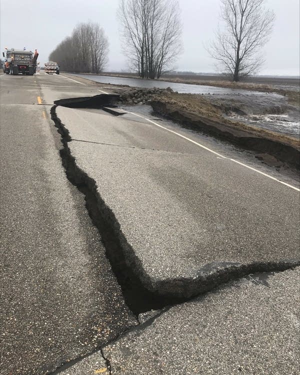 A highway damaged by floodwaters