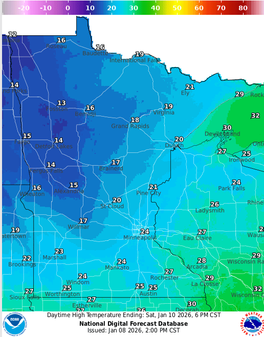 Forecast high temperatures Saturday